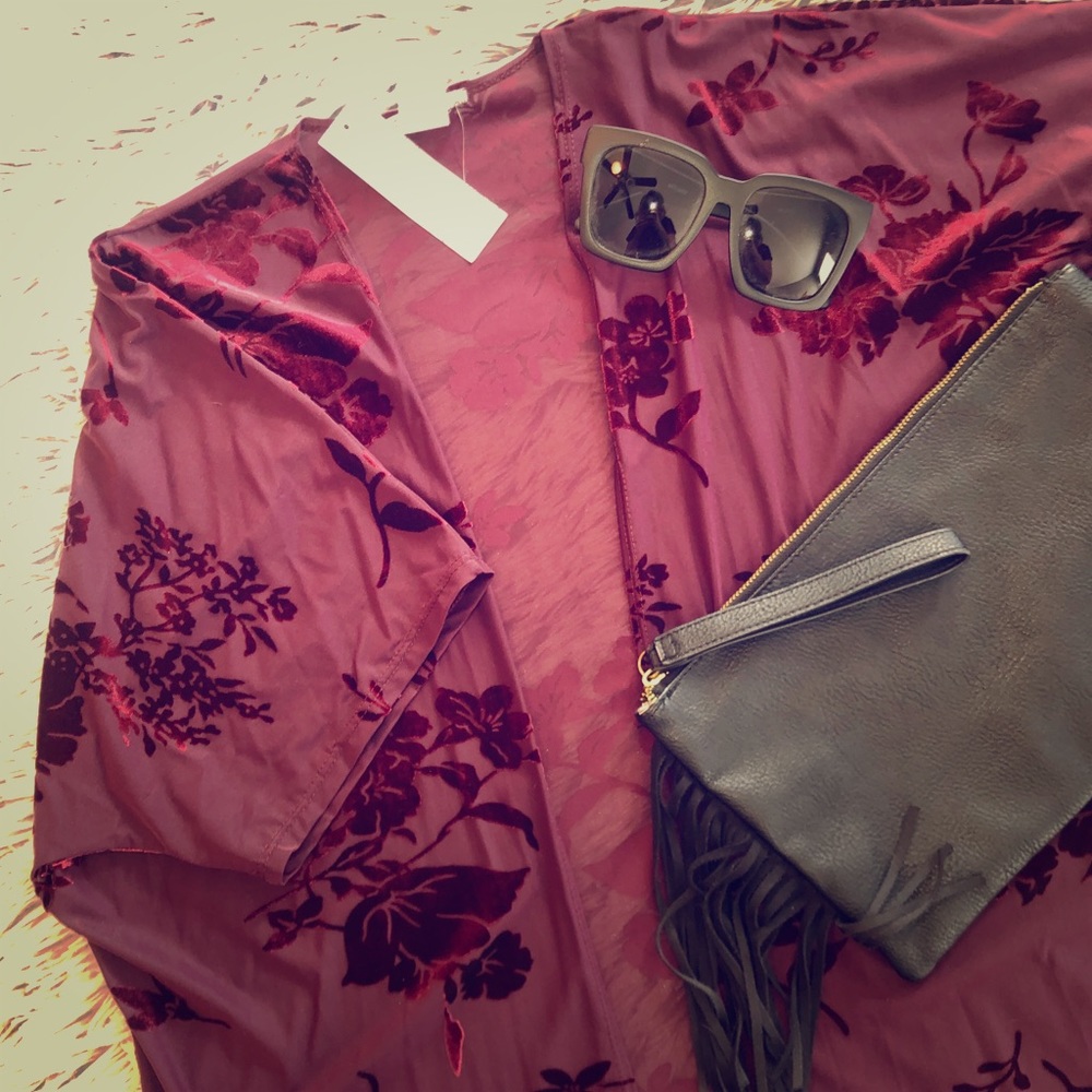 Brand New Burgundy Sheer & Velvet Kimono
